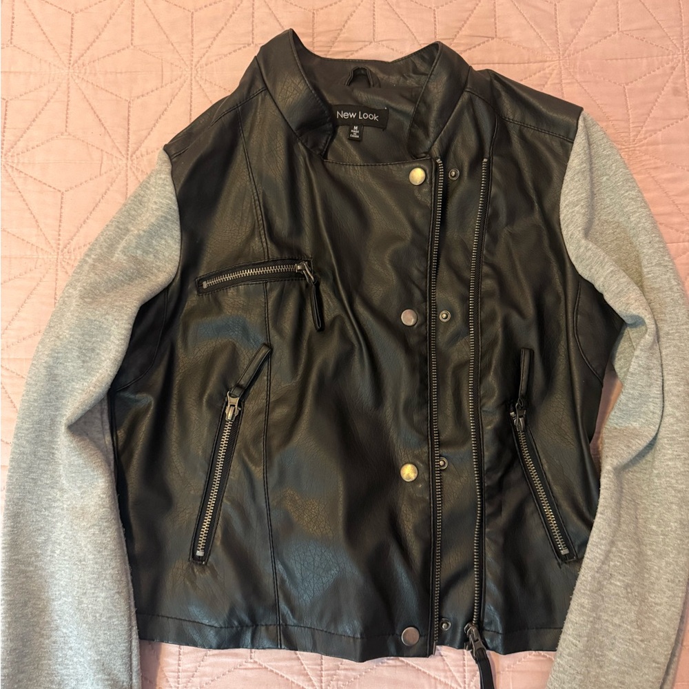 New Look Women's Black Leather Jacket with Gray Sleeves